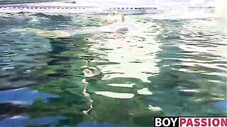Blonde twink Tyler Thayer jerking his cock near the pool